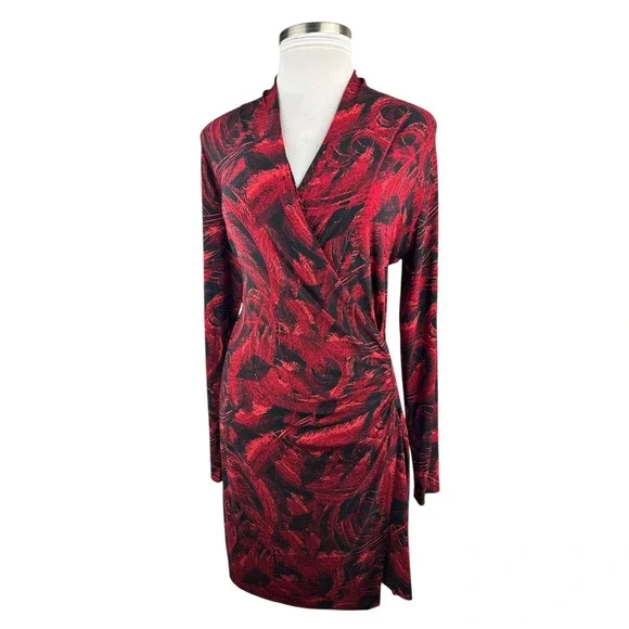 Norma Kamali Faux Wrap Dress Red & Black Feather Print Size XXL 2XL Office Chic - Picture 3 of 16
